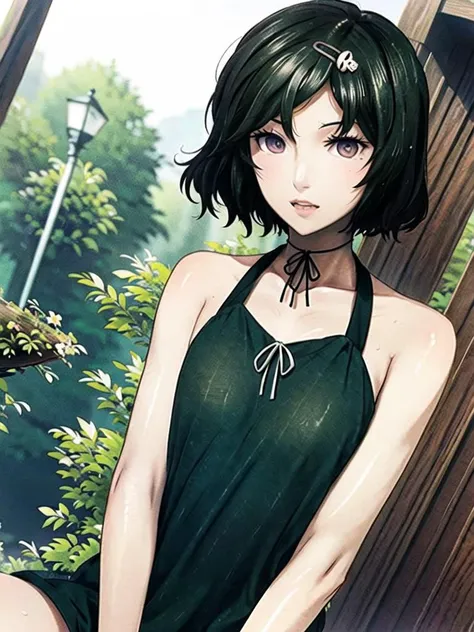 anime girl in a green dress sitting on a wooden bench