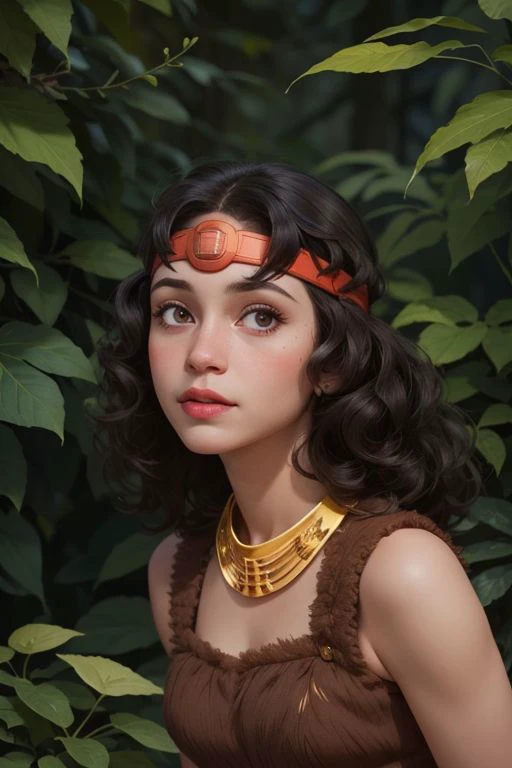 a close up of a woman in a brown dress and a necklace