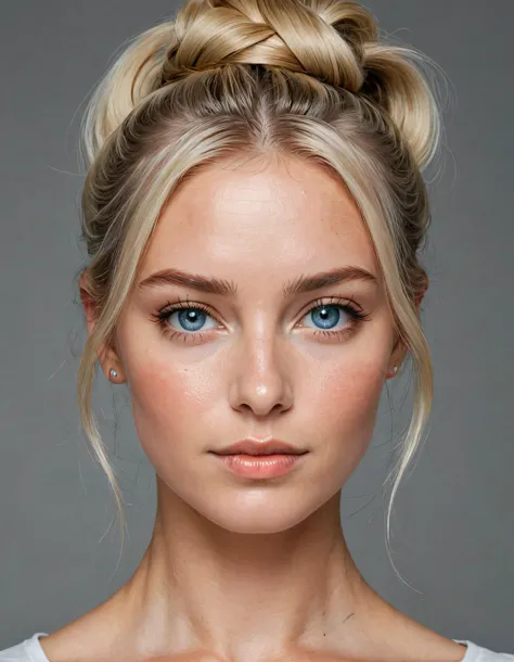 dutch woman, blonde, blue eyes, half long hair, frontal view, clean face, hair in knot