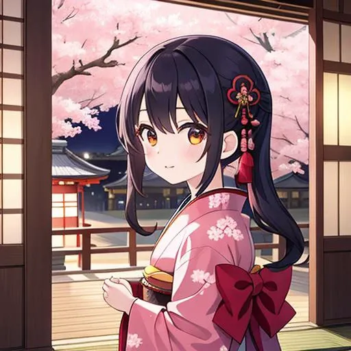 masterpiece,best quality,ultra detail,1girl,juuni,,shrine, <lora:juuni-001:0.7>,seiza,cherryblossom,black longhair,kanzashi,paper lantern,japanese porch,night