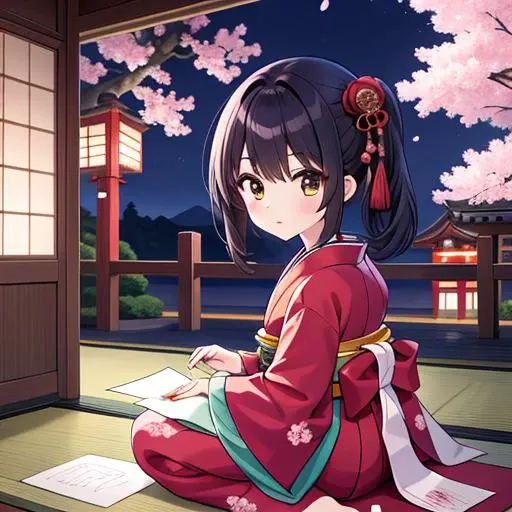 masterpiece,best quality,ultra detail,1girl,juuni,,shrine, <lora:juuni-001:0.7>,seiza,cherryblossom,black longhair,kanzashi,paper lantern,japanese porch,night,Japanese brush,paper