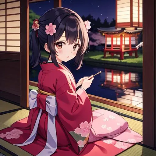 masterpiece,best quality,ultra detail,1girl,juuni,,shrine, <lora:juuni-001:0.7>,seiza,cherryblossom,black longhair,kanzashi,paper lantern,japanese porch,night