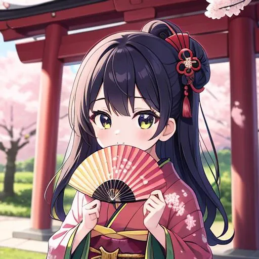 masterpiece,best quality,ultra detail,1girl,juuni, hold fan on face,shrine, <lora:juuni-001:0.7>,seiza,cherryblossom,black longhair,kanzashi