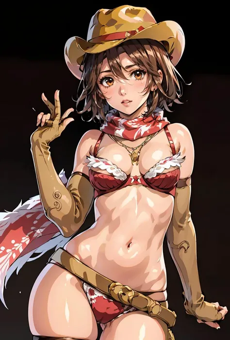 (masterpiece, best quality), 1girl,  <lora:AyaOnechanbara:0.8> AyaOnechanbara, 1girl, solo, short hair, brown hair, thighhighs, elbow gloves, hat, navel, cleavage, brown eyes, jewelry, medium breasts, panties, bikini, belt, necklace, scarf, red bra, thigh ...