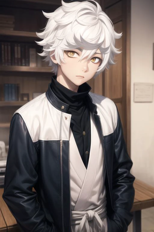 masterpiece, best quality, high quality, 1boy, solo, male focus, looking at viewer, upper body, <lora:gabimaru:0.58>, gabimaru, white hair, yellow eyes, , , gakuran