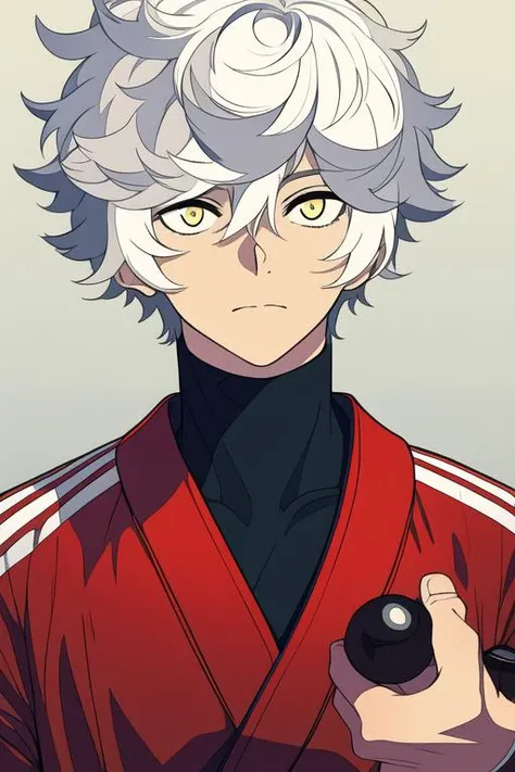 masterpiece, best quality, high quality, 1boy, solo, male focus, looking at viewer, upper body, <lora:gabimaru:0.54>, gabimaru, white hair, yellow eyes, , realistic, track suit