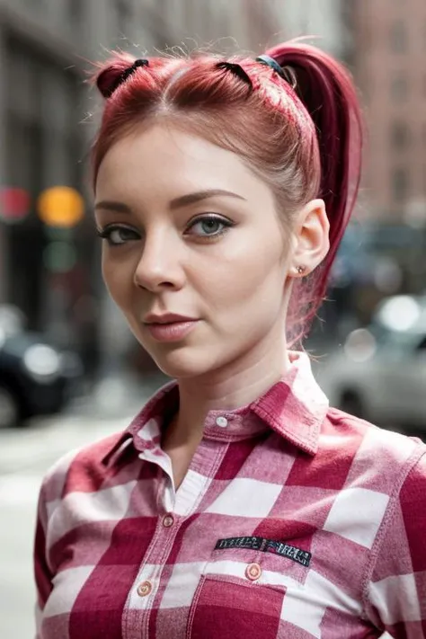 HD photo of beautiful mshn_jessipalmer2 with pink ponytail posing in a red checkered shirt in new york, closeup