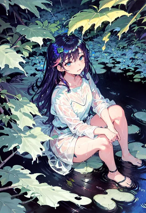 a girl, (after the rain:1.5), sitting in a puddle, (night time, shining stars:1.3), (flower field, glowing, bloom, chromatic, colourful:1.3), (wet foliage:1.8)