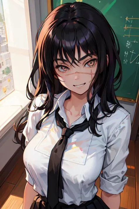 (masterpiece, highres), 1girl, solo, AsaCSM, (from above), upper body,, school uniform, (skinny),  (slim), athletic, slender, medium perky breasts, grin, warm light, grin, long black hair, indoors, artstation, fantasy, art by cutesexyrobutts
 <lora:yoruAsa...