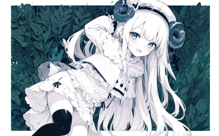 ((limited_palette)),((plant background)),(solo),border,
child, (blush),hat,legs
[monochrome_background]
1girl, bangs,   hair,(sheep_ears_fluff),
(curled_horns:1.3),  white_hair, fang
blue_eyes, white eyelashes
<lora:style_kedamaa:0.5> <lora:Artist Hitoimim...