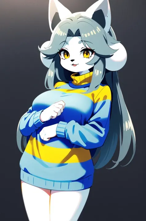 <hypernet:temmie:0.8> temmie, 1girl, furry, four ears, long gray hair, blue and yellow striped sweater, fluffy fur texture, bottomless, cat girl