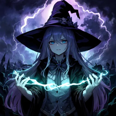 a stunningly beautiful witch, lightning magic, ominous lighting