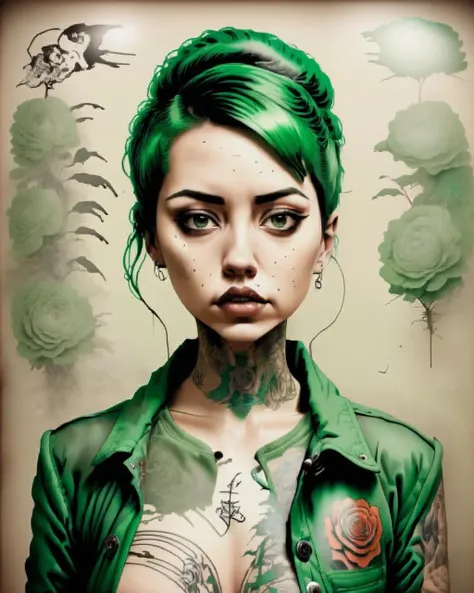 a woman with a tattoo on her chest and a green jacket<lora:street_tones:1.0>