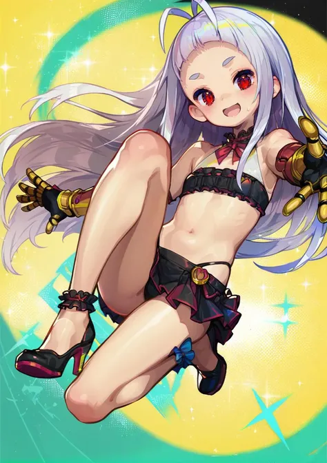 1girl, ankle garter, antenna hair, ass visible through thighs, bikini, black bikini, black footwear, clawed gauntlets, facial mark, flat chest, forehead mark, frilled bikini, frills, from side, full body, gauntlets, groin, high heels, knee up, leg up, legs...