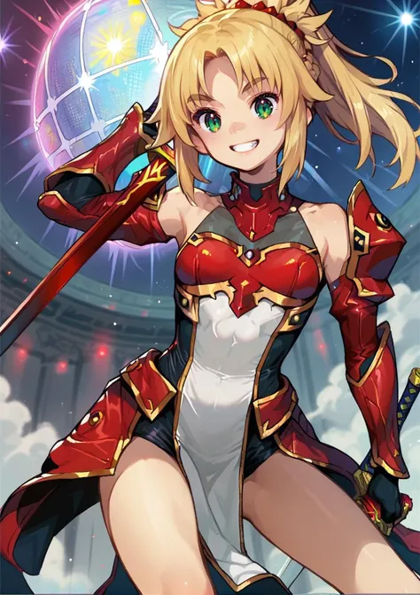 1girl, mordred (fate), bodysuit, armor, smile, teeth, pelvic curtain, bare shoulders, bare legs, holding weapon, sword, red leather, indoors, disco ball,   <lora:Imoco-10 kula:1>, score_9, score_8_up, score_7_up, score_6_up, score_5_up, score_4_up, BREAK s...