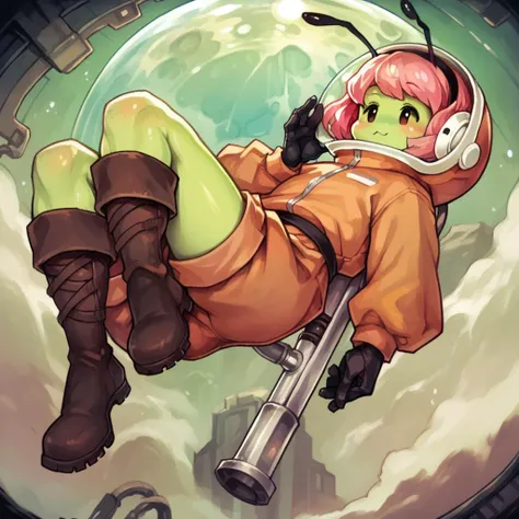 score_9, score_8_up, score_7_up ,score_6_up, source_anime, alien, astronaut suit, green skin, pink hair, <lora:Vanillaware_XL:1>, skin tight, boots, female, mob face, antennae,