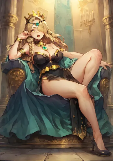 1girl, armlet, bare shoulders, black dress, black footwear, blonde hair, bracelet, braid, breasts, circlet, cleavage, crown, dress, full body, gold belt, gold bracelet, gold circlet, gold crown, gold diadem, hair over one eye, high heels, jewelry, large br...