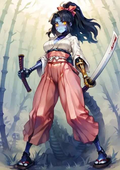 1girl, black hair, blood, blood stain, blue skin, blush, bone, breasts, closed mouth, colored skin, frown, full body, glowing, glowing eye, hair ribbon, hakama, hakama short skirt, hakama skirt, hip vent, holding, holding sword, holding weapon, japanese cl...