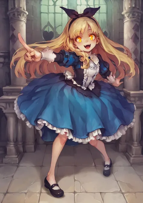 night, darkess, horror (theme), 1girl, svil smile, ghosts, glowing eyes, pointing at viewer, blonde hair, blue dress, bow, demon, demon girl, dress, hair ribbon, hairband, long hair, mary janes, open mouth, puffy sleeves, ribbon, shoes, smile, solo, very l...