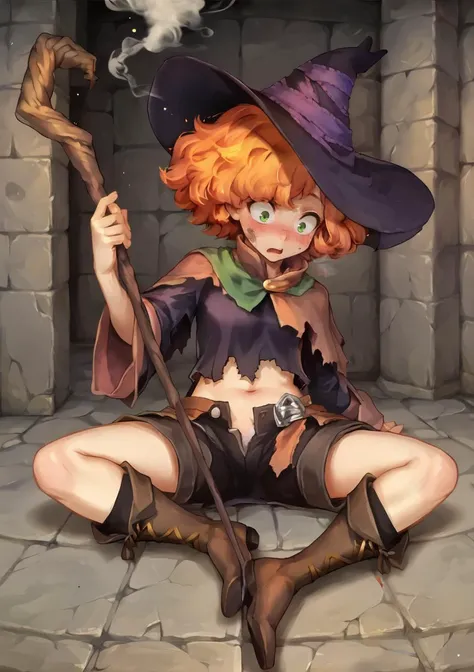 1girl, solo, sitting, spread legs, ((torn clothes)), close-up, surprised, blushing, ((smoke)), blowing smoke, looking around, navel, orange hair, afro, dirty face, short hair, permanent, curly hair, green eyes, witch hat, simple clothes, boots, holding sta...