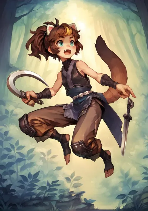 1girl, brown hair, messy hair, ponytail, ferret ears, ferret tail, sickle, sickle tail, ninja, hip vent, aqua eyes, slit putpils, bang, streaked hair, jumping, outdoors, forest, jumping, skin fang <lora:Vanillaware_XL:1>, score_9, score_8_up, score_7_up, s...