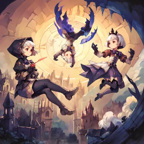 score_9, score_8_up, score_7_up ,score_6_up, source_anime, chiaroscuro, Orphea, tiara, white hair, short hair, red eyes, gown, puffy sleeves, leggings, black gloves, purple bow, golden boots, hood, floating, 2girls, <lora:Vanillaware_XL:1>, upside down cas...