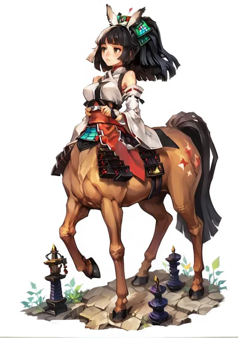 full body, masterpiece, white background, simple background, 1girl, solo, brown centaur, black hair, ponytail, riboon, hime cut, miko, detached sleeves, medium breasts, bare shoulders, katana <lora:Vanillaware_XL:1>, score_9, score_8_up, score_7_up, score_...