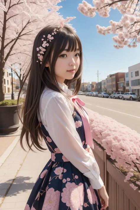 a woman in a dress and a pink bow tie standing on a sidewalk