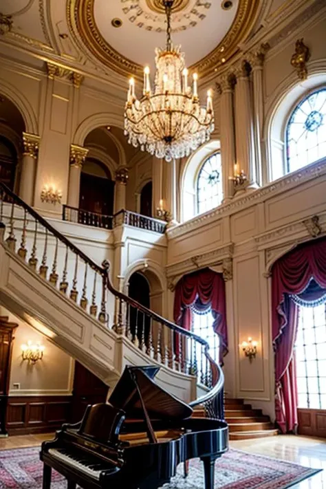 a close up of a grand piano in a large room