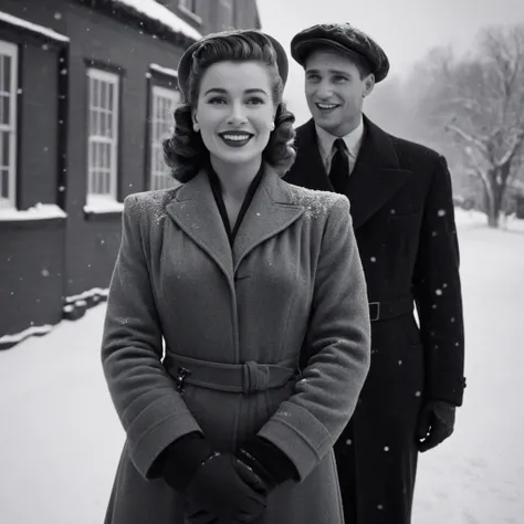 cinematic film still of  <lora:1940s style:1>
In the 1940s a woman and a man are standing in the snow,1girl,looking at viewer,smile,1boy,hat,monochrome,greyscale,lips,snow,snowing,realistic  ,realistic,realism,perfection,perfect,filmic,retro,vintage,classi...