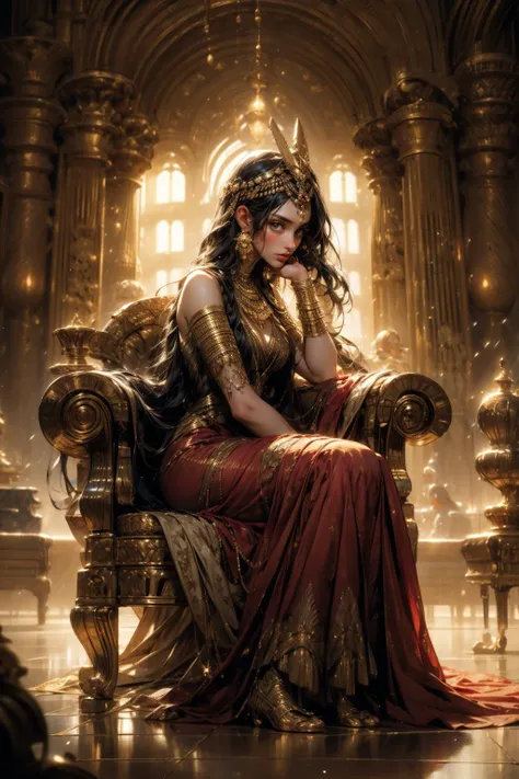 a woman in a red dress sitting on a gold throne