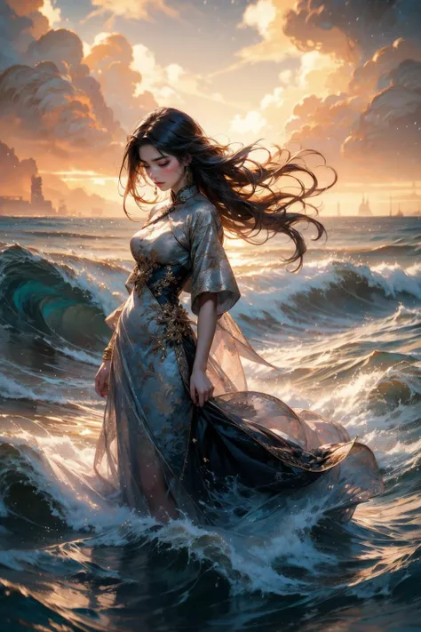 a woman in a dress standing in the ocean with waves