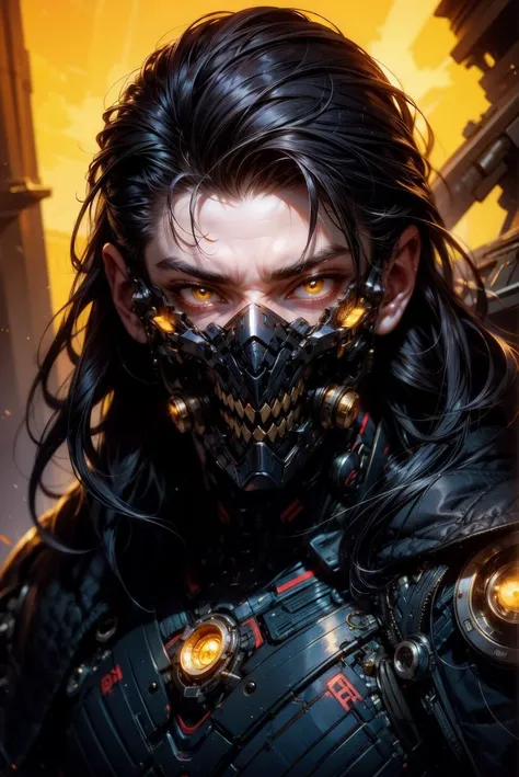 solo, long hair, looking at viewer, black hair, 1boy, white background, yellow eyes, weapon, male focus, teeth, mask, glowing, portrait, colored sclera, science fiction, mouth mask, black sclera, cyborg, hair slicked back, cyberpunk, mechanical parts, arti...