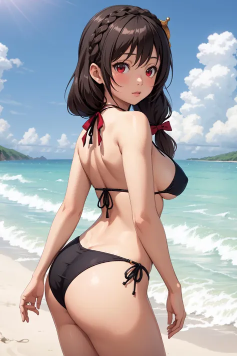 masterpiece, best quality, 1girl, solo, <lora:yunyun_v1:0.5>, yunyun, red eyes, braid, long hair, large breasts, black hair, hair bow, crown braid, brown hair, twintails, bikini, beach, ass