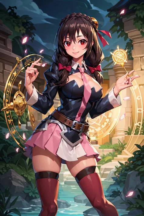 <lora:Iota_v3:0.8>, ((masterpiece,best quality)), yunyun1, 1girl, red eyes, solo, thighhighs, necktie, skirt, braid, long hair, pink necktie, large breasts, belt, hair ornament, black hair, hair bow, crown braid, long sleeves, brown hair, twintails, <lora:...