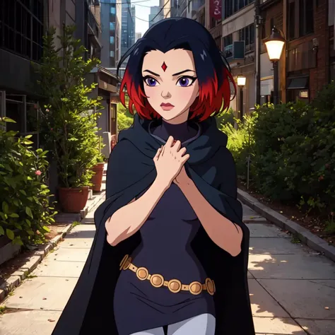 anime character with red hair and cape standing on a city street