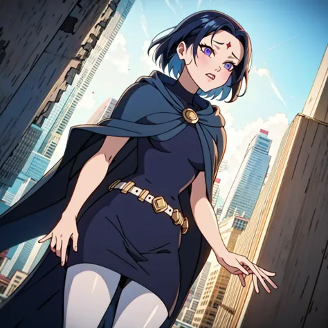 anime girl in a black dress and cape walking down a city street