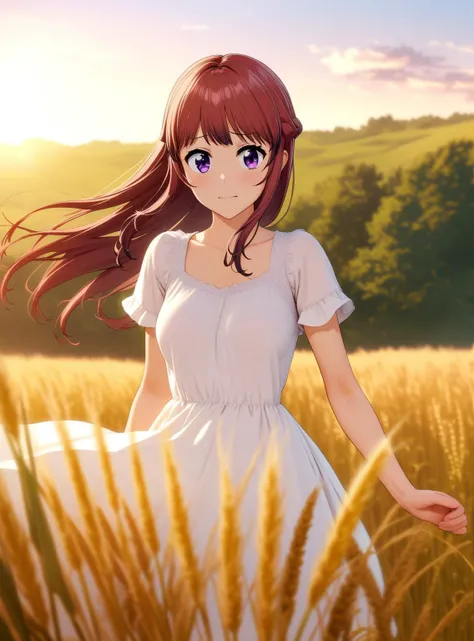 ((masterpiece,best quality,edgQuality,safe,very aesthetic)),anime realistic,Uta Ushibori,Lessons in love,1girl,solo,purple eyes,red hair,long hair,french braid,teen,(shy:1.3),medium breasts,
white sundress,happy,spinning,arms at sides,happy,
sunrise,wheat ...