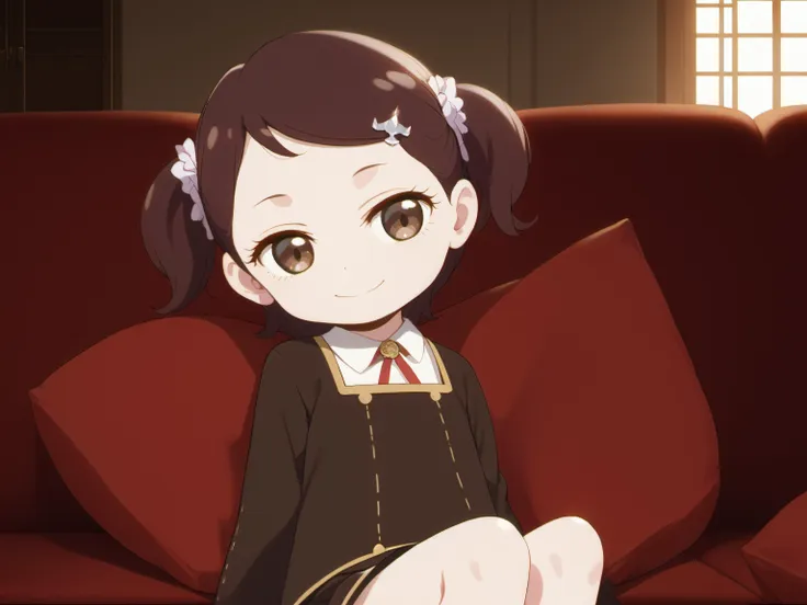 anime girl sitting on a red couch with a red pillow