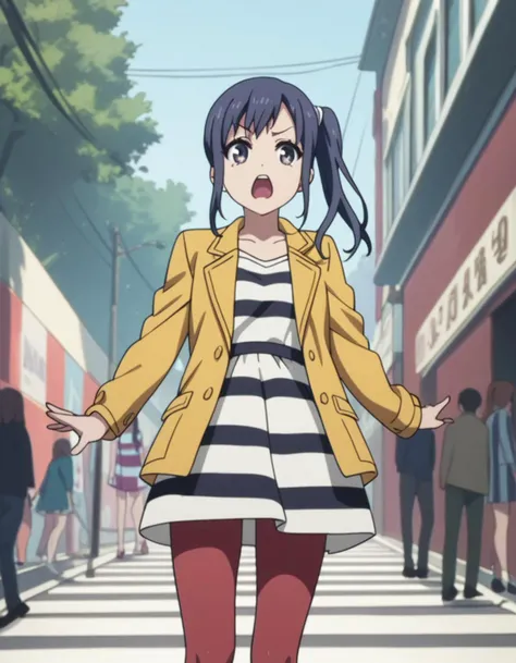 score_9,  score_8_up, score_7_up, source_anime, Midori Imai <lora:Shirobako-Midori_Imai-PDXL:0.7>,
1girl, frown, open mouth, yellow jacket, striped dress, red pantyhose,
cowboy shot, singing