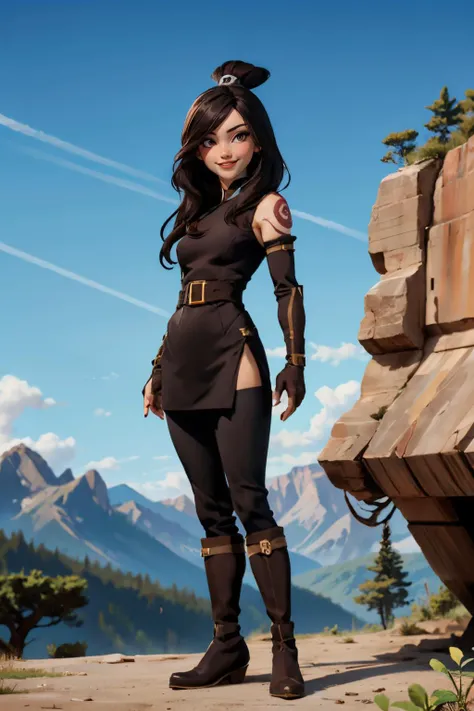 atlajune, brown eyes,long black hair, hair over eye, hairbun, top knot,black chinese dress,shoulder tattoo, black pants, boots, elbow gloves, looking at viewer, smiling, full body shot, standing, outside, canyon, dirt, mountain, blue sky, high quality, mas...