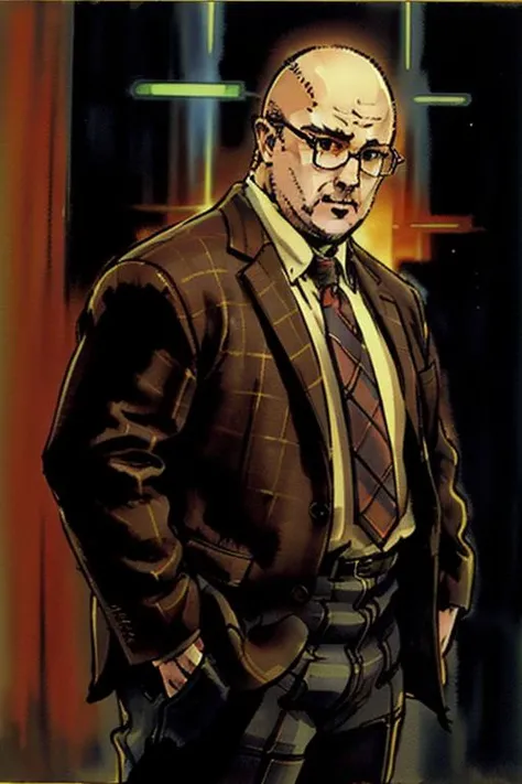 1man,  <lora:shinkawa_youji_offset:1>,  shinkawa youji, retro artstyle, (masterpiece), watercolor, (bald), tie, brown tweed sweater, glasses, Colin Robinson, ((glowing eyes)), pudgy, chubby