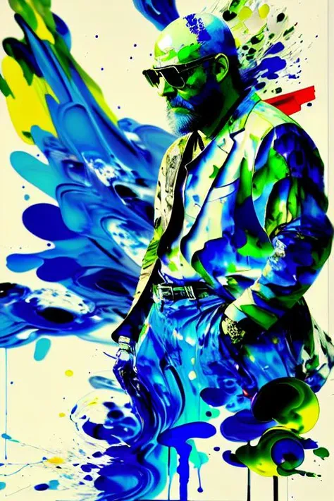 shinkawa youji, (programmer:1.0), 1boy, smoke, short beard, bald,  sunglasses, male focus, solo, middle age, white man, ((masterpiece)), (paint splashes, abstract, painting_(medium), water paint:1.4)
 <lora:yojiShinkawaStyle_offset:1>