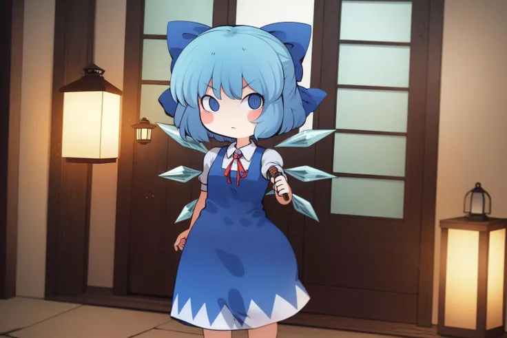 cha, 1girl, chibi, (cirno:1.2), (cowboy shot:1.2), day, doorway, electric fan, lantern, sliding doors, wind chime, warm lighting, medieval fantasy, intricately detailed background