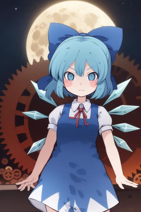 cha, 1girl, (cirno:1.2), (cowboy shot:1.2), moon, night, steampunk, (gears), mechanist, mechanic, wrench, outdoors