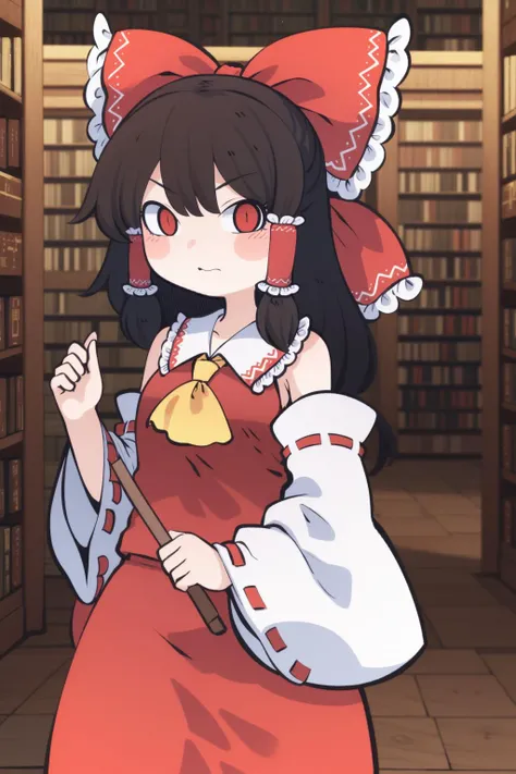 cha, 1girl, (hakurei reimu:1.2), (cowboy shot:1.2), (in library:1.2), (garish clothes:1.1), D&D, medieval fantasy, (beautiful detailed library:1.2), (intricately detailed background:1.1), splash art