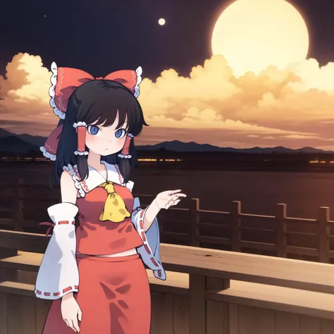 cha, 1girl, (hakurei reimu:1.2), (cowboy shot:1.2), a beautiful view of imperial japan, hiroshi nagai clouds, night, (moon in the background:0.9), nostalgia and abstract