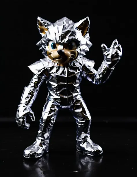 a Aluminum foil sonic the hedgehog against a black background