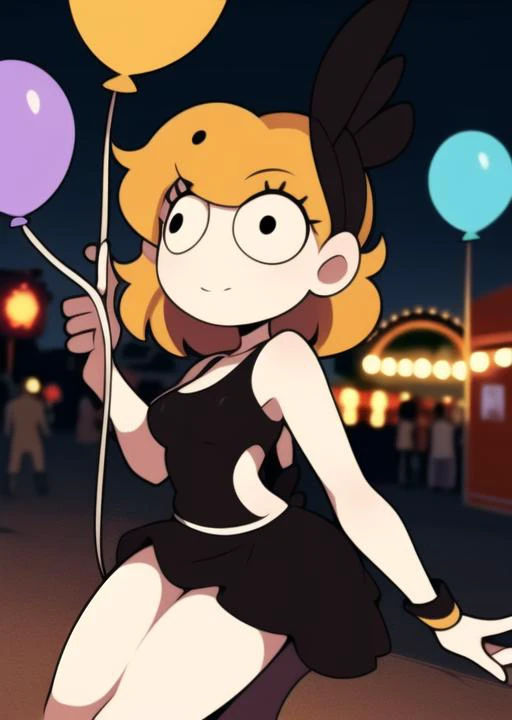 <lora:derpina-09:1> derpina, detailed background, outdoors, night, carnival, nigh festival, holding balloons, stretched arm, masterpiece, best quality