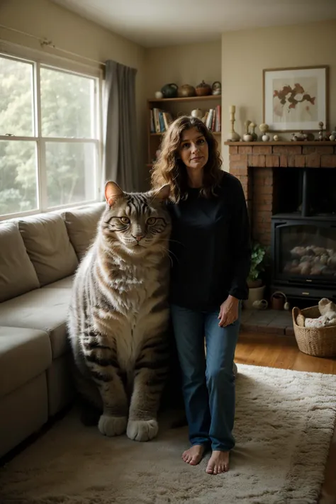 photograph, 60yo american grandma standing in the living room next to her oversized cat, cozy suburban house, afternoon, warm colors  <lora:md_20230912225623:0.8>